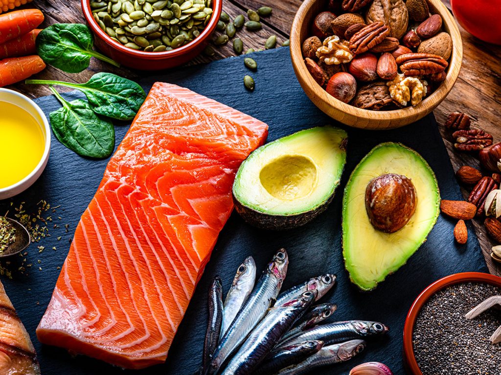 Salmon, olive oil, nuts, and avocados are part of the Mediterranean diet