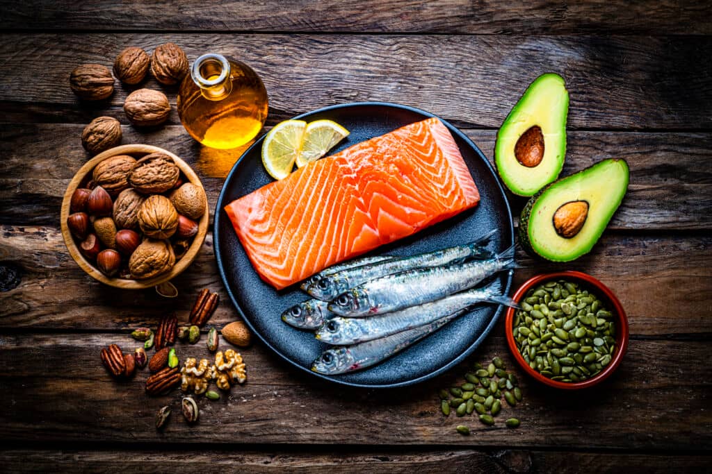 A collection of food with good, healthy fats