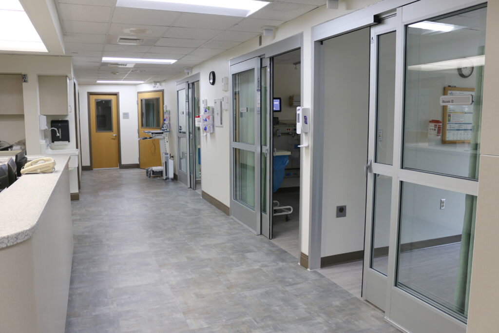 A an outside view of patient rooms in the Titusville Area Hospital ICU.